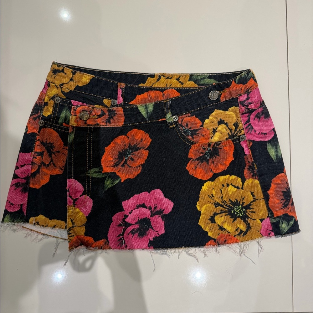 FARM RIO Black Floral Denim Mini Skirt - Pink, Orange & Yellow Floral